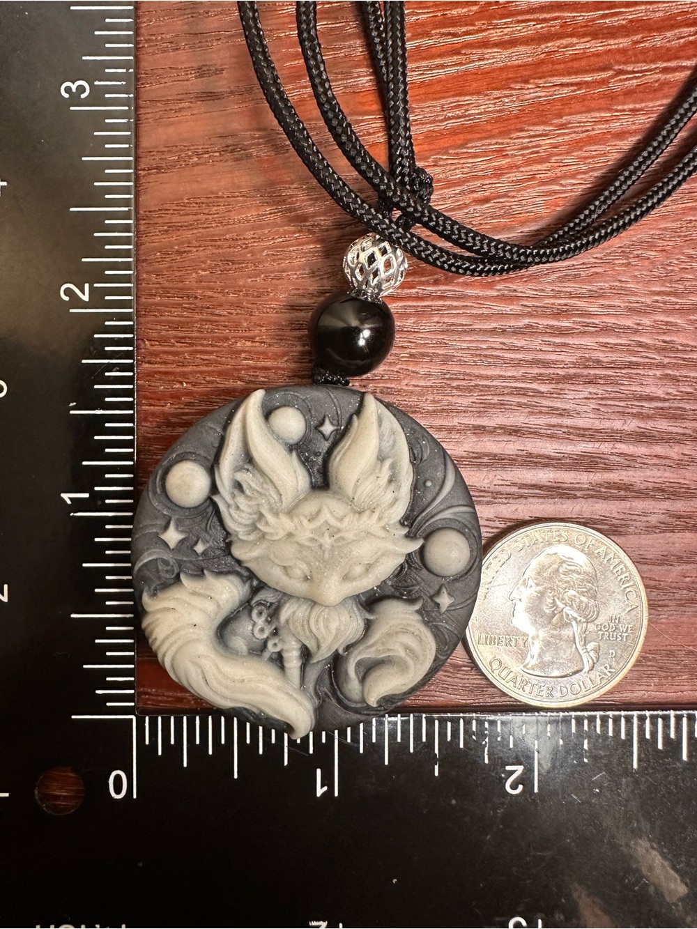 Tai Chi Stone Fox Pendant Necklace on Black Rope - Picture 13 of 14
